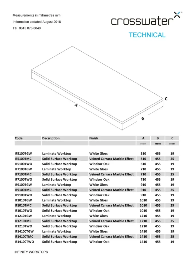 Crosswater Infinity Worktop 510 Windsor Oak technical drawing - Image 2