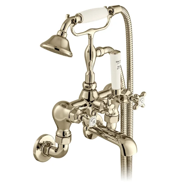 Booth & Co. Wall Mounted Bath Shower Mixer With Shower Kit Bright Nickel & Crackled White