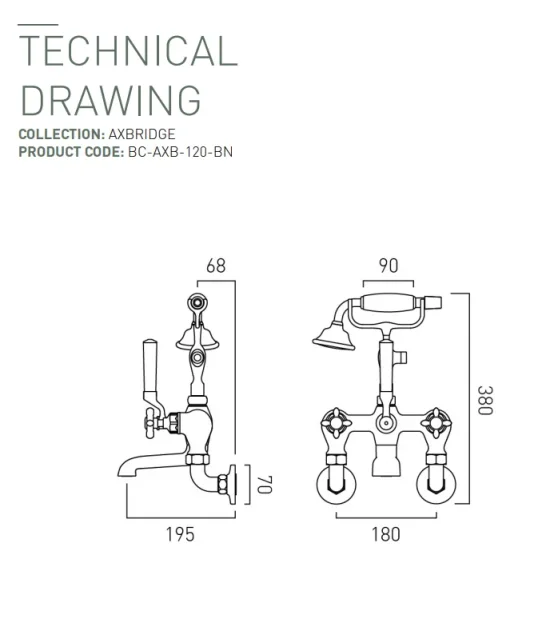 Booth & Co. Wall Mounted Bath Shower Mixer With Shower Kit Bright Nickel & Crackled White technical drawing - Image 2