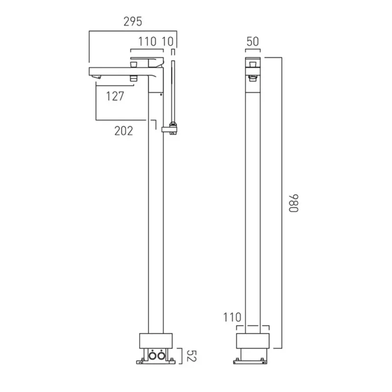 Vado Life Bath Shower Mixer With Shower Kit Single Lever Floor Mounted Chrome technical drawing - Image 4