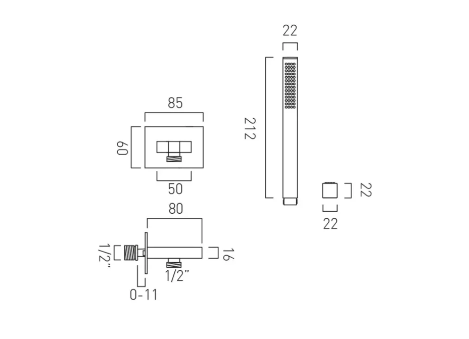 Vado Individual Square Single Function Mini Shower Kit With Integrated Outlet And Bracket Wall Mounted Brushed Nickel technical drawing - Image 2