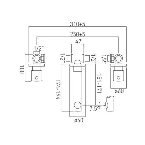 Vado Zoo 3 Hole Basin Mixer Wall Mounted Chrome technical drawing - Image 3