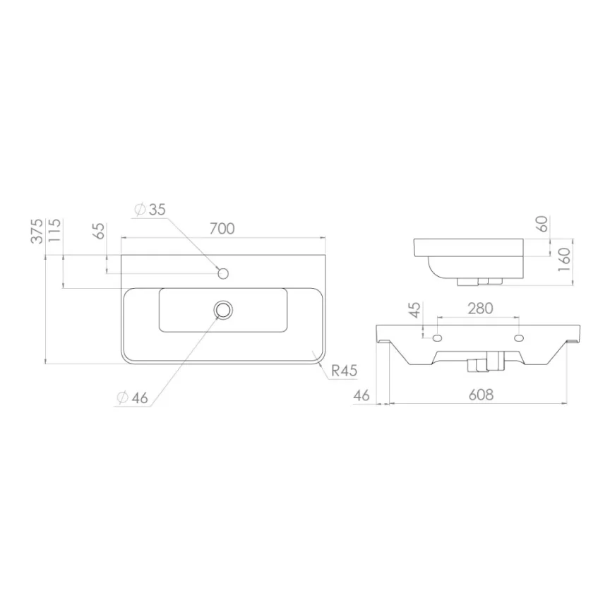 Saneux Hyde 70x37cm Washbasin 1th detail view - Image 3
