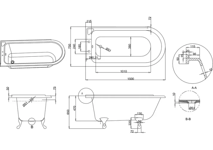 Burlington Hampton Shower Bath Lh (150cm X 750cm) technical drawing - Image 2