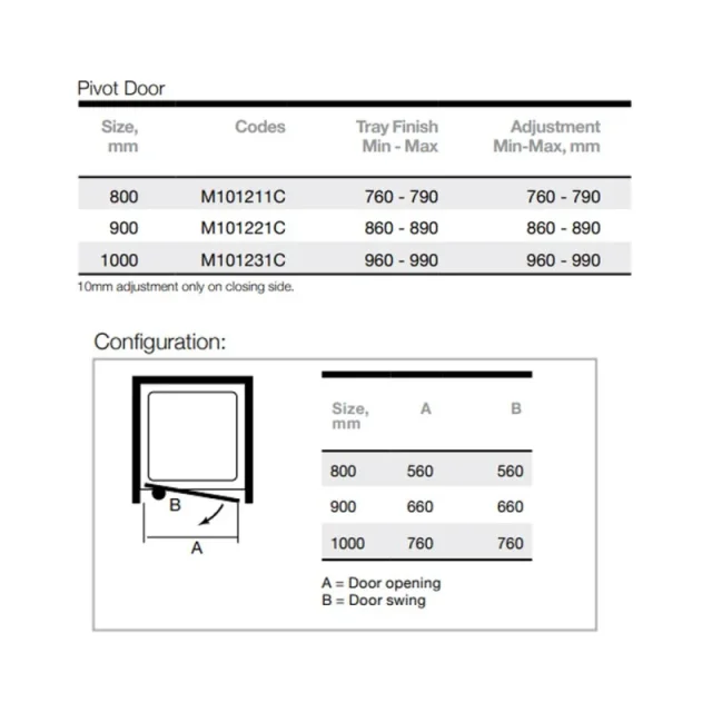 Merlyn 10 Series Pivot Door 800mm technical drawing - Image 3