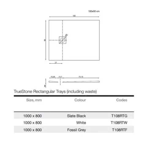 Merlyn Truestone Rectangle Tray White 1000 X 800mm technical drawing - Image 3