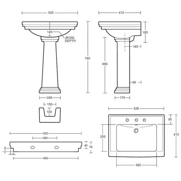 Imperial Astoria Deco Small Basin 1t 520 White technical drawing - Image 4