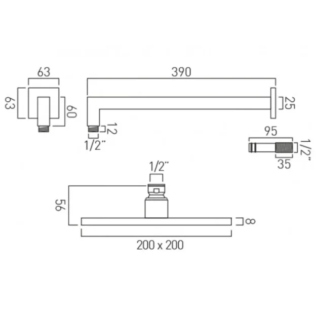 Vado Atmosphere Air-injected 200mm Square Easy Clean Slimline Shower Head With Arm Chrome technical drawing - Image 2