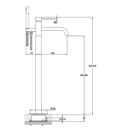 Just Taps Vos Floor Standing Bath Shower Mixer Tap With Shower Kit S/Steel Matt Black technical drawing - Image 2