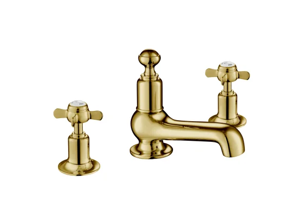 Just Taps Grosvenor Pinch Three Hole Deck Mounted Basin Mixer Tap Gold PVD