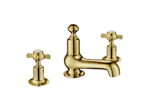 Just Taps Grosvenor Pinch Three Hole Deck Mounted Basin Mixer Tap Gold PVD
