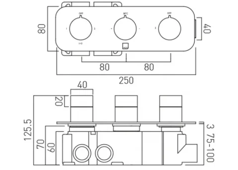 Vado Tablet Altitude 3 Outlet 3 Handle Concealed Thermostatic Valve Horizontal Chrome technical drawing - Image 5
