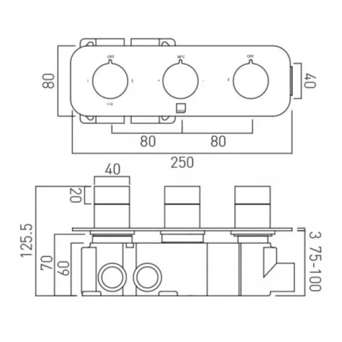Vado Tablet Altitude 3 Outlet 3 Handle Concealed Thermostatic Valve Horizontal Chrome technical drawing - Image 6