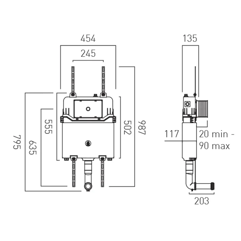 Vado Standard Size Concealed Cistern Only (no Frame) With Brackets technical drawing - Image 2