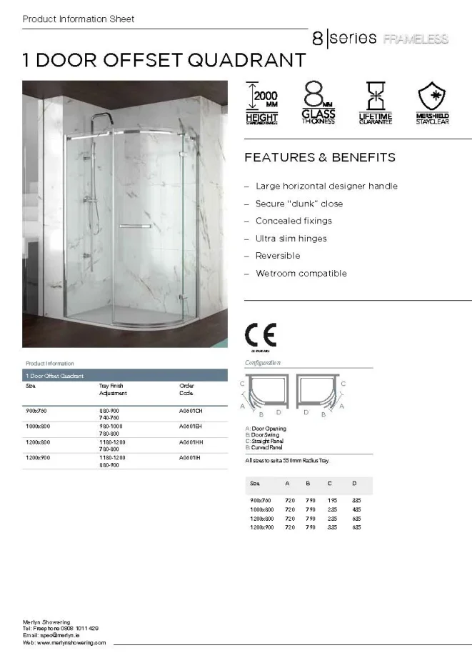 Merlyn 8 Series Frameless 1 Door Offset Quadrant 900 X 760mm technical drawing - Image 3