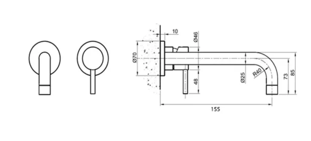 Just Taps Inox 2 Hole Wall Mounted Single Lever Basin Mixer 155mm technical drawing - Image 2