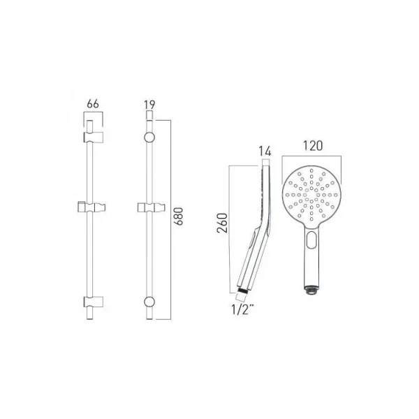 Vado Nebula Slide Rail Shower Kit With Round 3 Function Rub-clean Shower Handset With Push-button Control, 680mm Slide Rail And 150cm Shower Hose Chrome technical drawing - Image 2