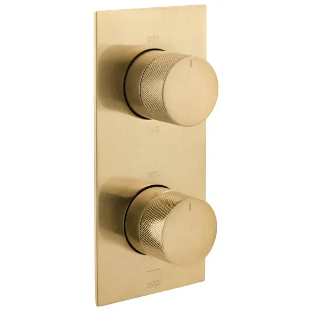 Vado Individual Tablet Knurled Vertical Concealed 2 Outlet, 2 Handle Thermostatic Valve With Knurled Handles Brushed Gold product image - Image 1