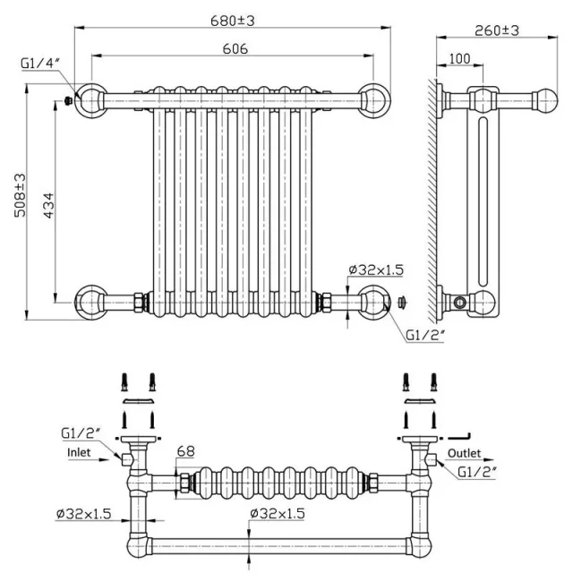 Reina Camden 508 X 680 Traditional Radiator technical drawing - Image 3