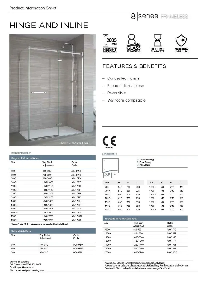 Merlyn 8 Series Frameless Hinge & Inline 1200mm technical drawing - Image 2