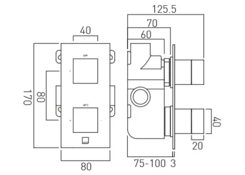 Vado Tablet Notion 1 Outlet 2 Handleconcealed Thermostatic Valve Vertical Chrome technical drawing - Image 2
