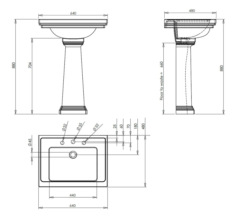 Imperial Astoria Deco Large Basin 1t 640 White technical drawing - Image 3