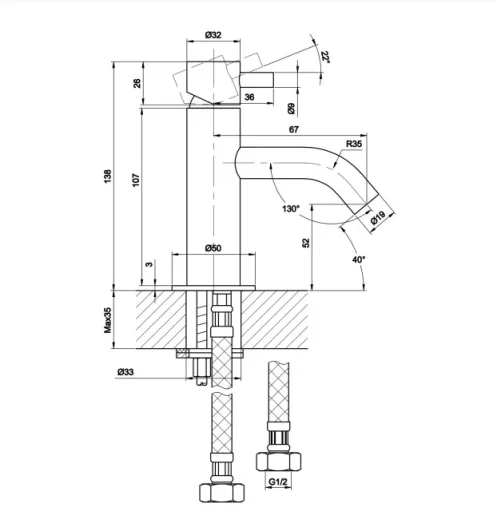 Just Taps Florence Mini Single Lever Basin Mixer Without Pop Up Waste Chrome technical drawing - Image 2