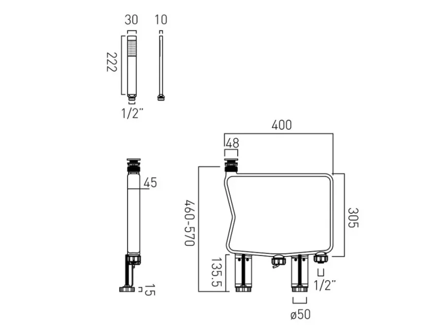 Vado Notion Capsule Single Function Shower Handset With Flexible Chrome Plated Brass Hose And Concealed Box To Eliminate Water Ingress Chrome technical drawing - Image 2