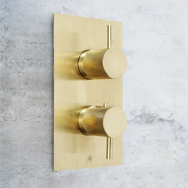 Just Taps Vos Thermostatic Concealed 2 Outlet Shower Valve. Designer Handle Brushed Brass