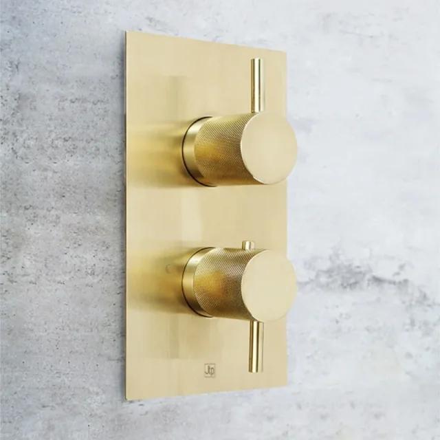 Just Taps Vos Thermostatic Concealed 2 Outlet Shower Valve. Designer Handle Brushed Brass product image - Image 1