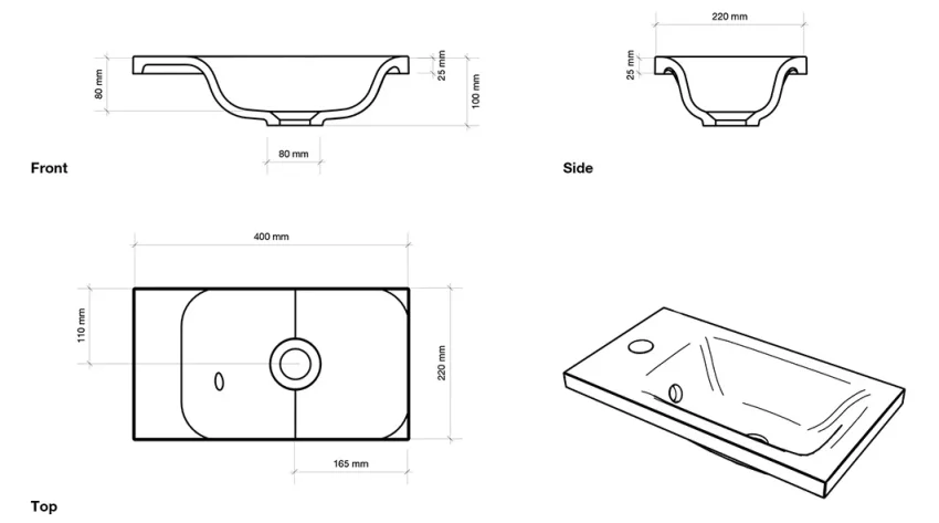 Faeber Silkstone Pearl 400mm Cloakroom Single Wall Hung Basin Matt (requires Brackets) technical drawing - Image 2