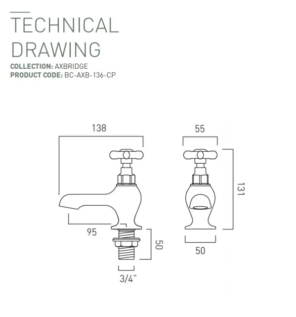 Booth & Co. Bath Pillar Taps Chrome & White technical drawing - Image 2