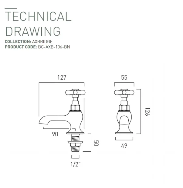 Booth & Co. Basin Pillar Taps Bright Nickel & Crackled White technical drawing - Image 2