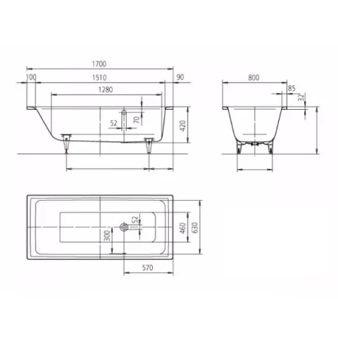 Kaldewei Puro 1700 X 800mm With Side Overflow (excl. Feet) technical drawing - Image 3