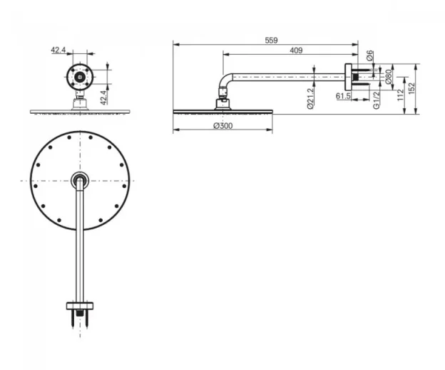 TOTO Overhead Shower 300mm Round Aerial Pulse Rainhead With Wall Arm Chrome technical drawing - Image 2