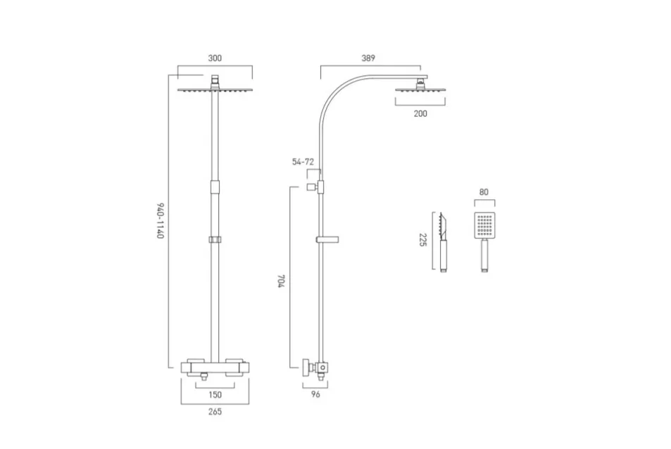 Vado Velo Adjustable Aquablade Square Thermostatic Shower Valve With Integrated Diverter And Rigid Riser With Single Function Aquablade Shower Head And Shower Handset Chrome technical drawing - Image 2