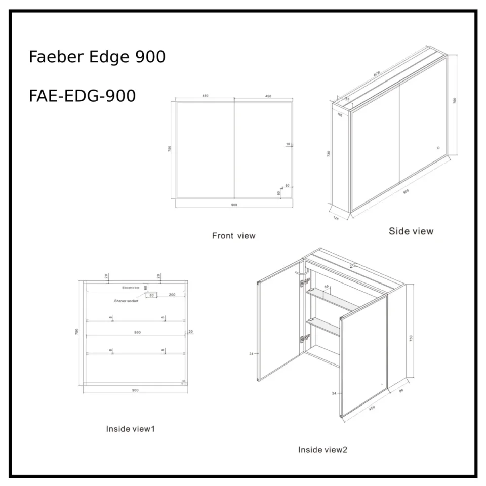 Faeber Edge 900 Led 2 Door Illuminated Mirror Cabinet (recess Compatible) technical drawing - Image 2