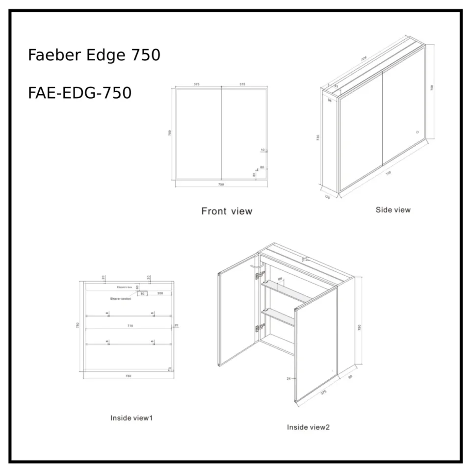 Faeber Edge 750 Led 2 Door Illuminated Mirror Cabinet (recess Compatible) technical drawing - Image 2