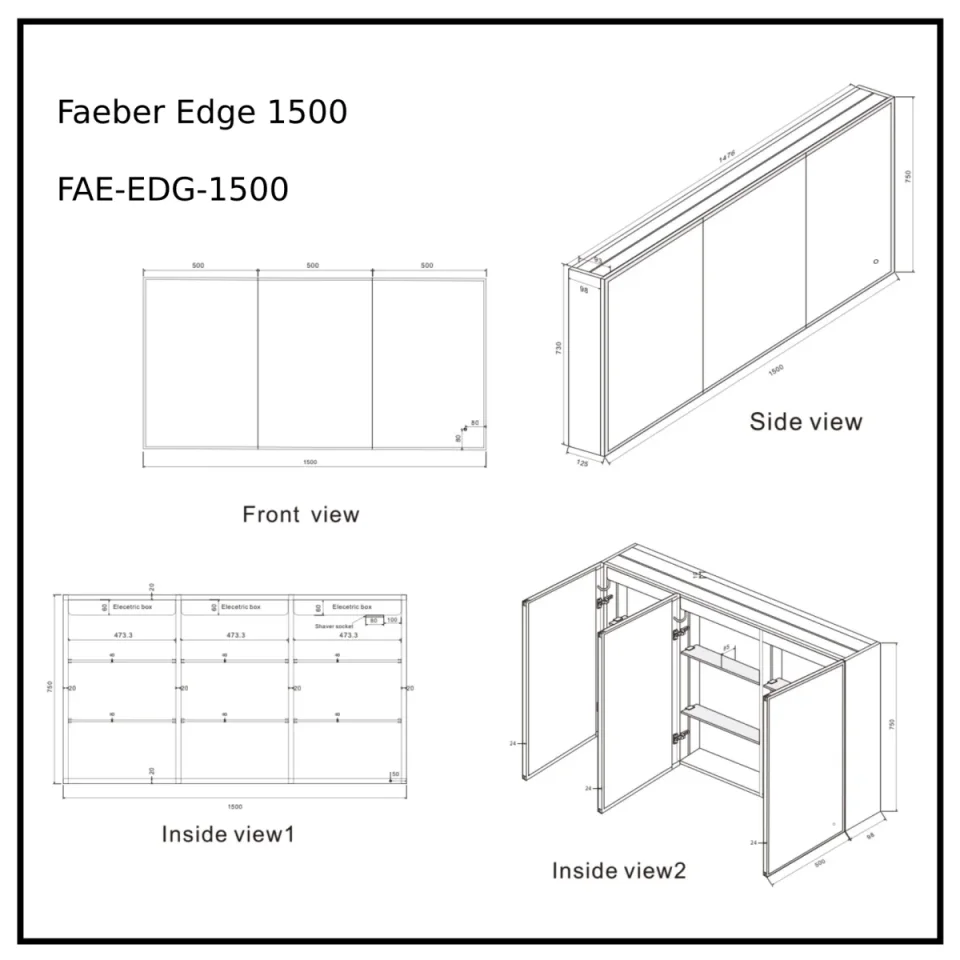 Faeber Edge 1500 Led 3 Door Illuminated Mirror Cabinet (recess Compatible) technical drawing - Image 2