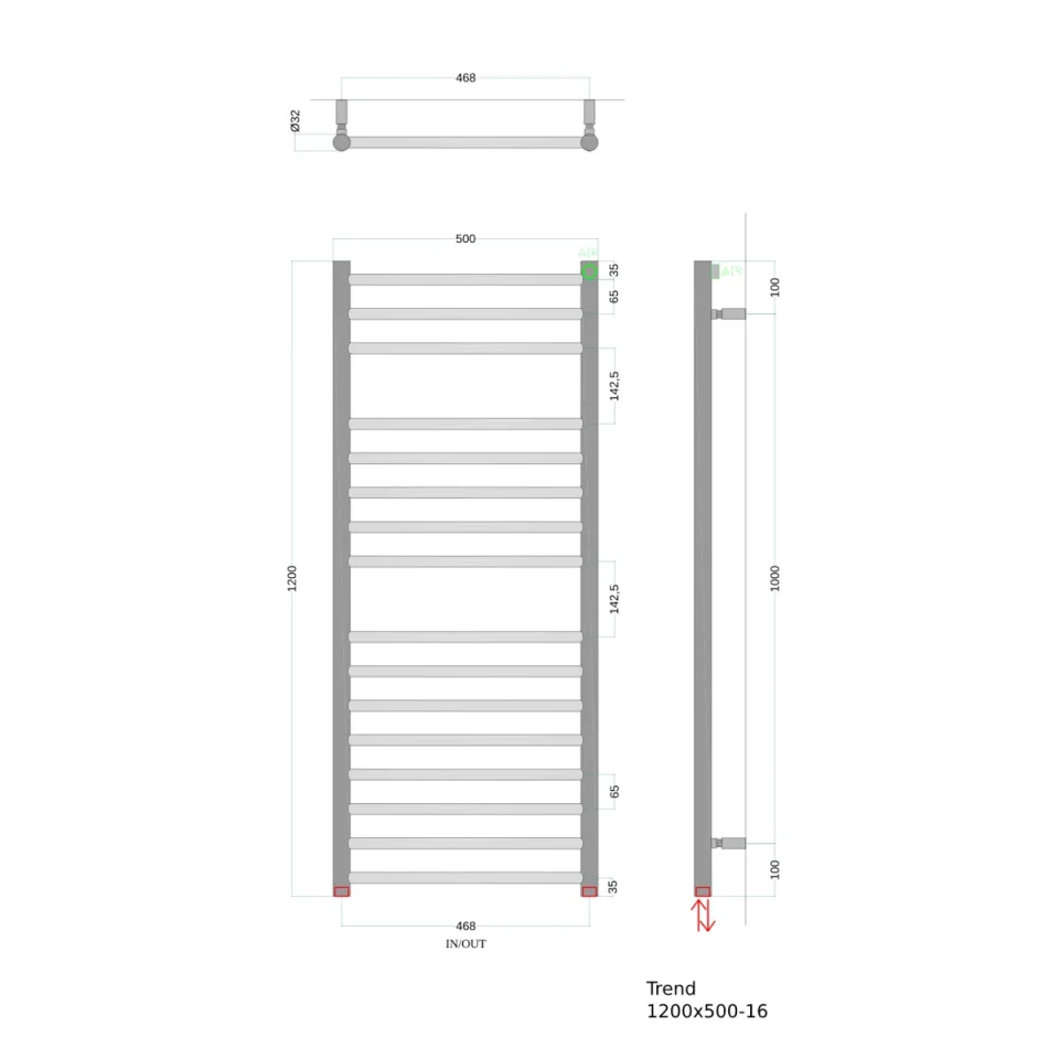 AVA Trend Ladder 1200 x 500mm Polished Stainless Steel Towel Rail technical drawing - Image 2