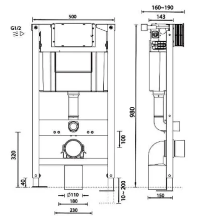 Abacus Easi-plan Wc Frame 980mm Dual Flush technical drawing - Image 2