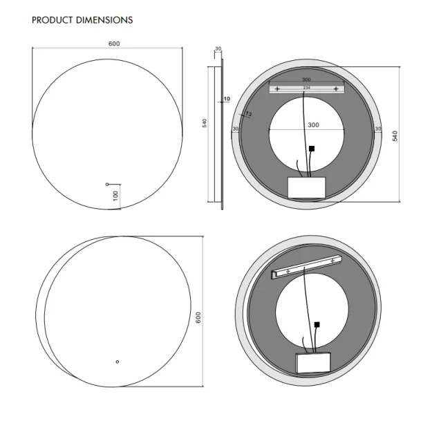 Faeber Glow 600 Round Steam Free LED Illuminated Mirror technical drawing - Image 2