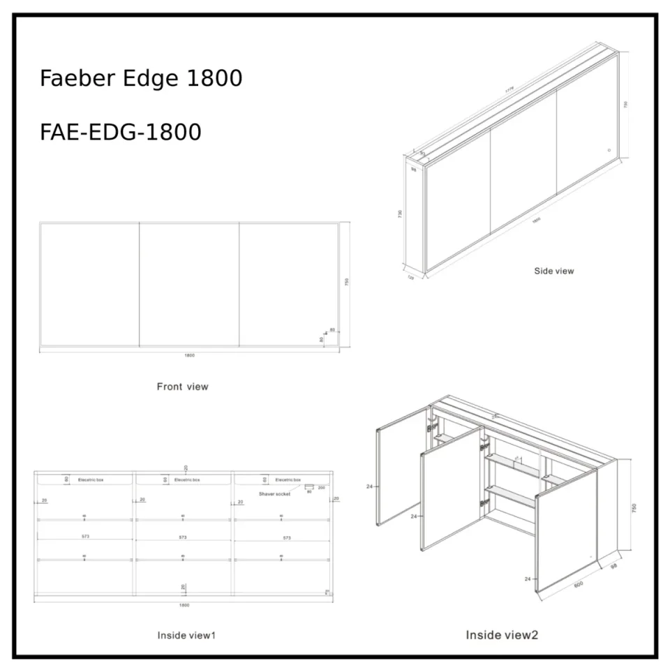 Faeber Edge 1800 Led 3 Door Illuminated Mirror Cabinet (recess Compatible) technical drawing - Image 2