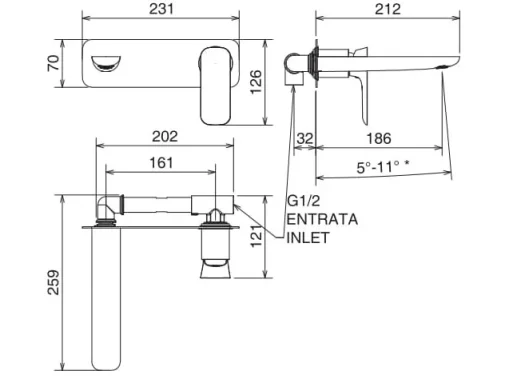 AVA Purity Wall Mounted Basin Mixer Tap Set with Round Backplates Polished Chrome technical drawing - Image 2