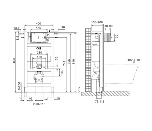 Oli Expert Plus 820 Mechanical Concealed Cistern & Frame TD technical drawing - Image 2