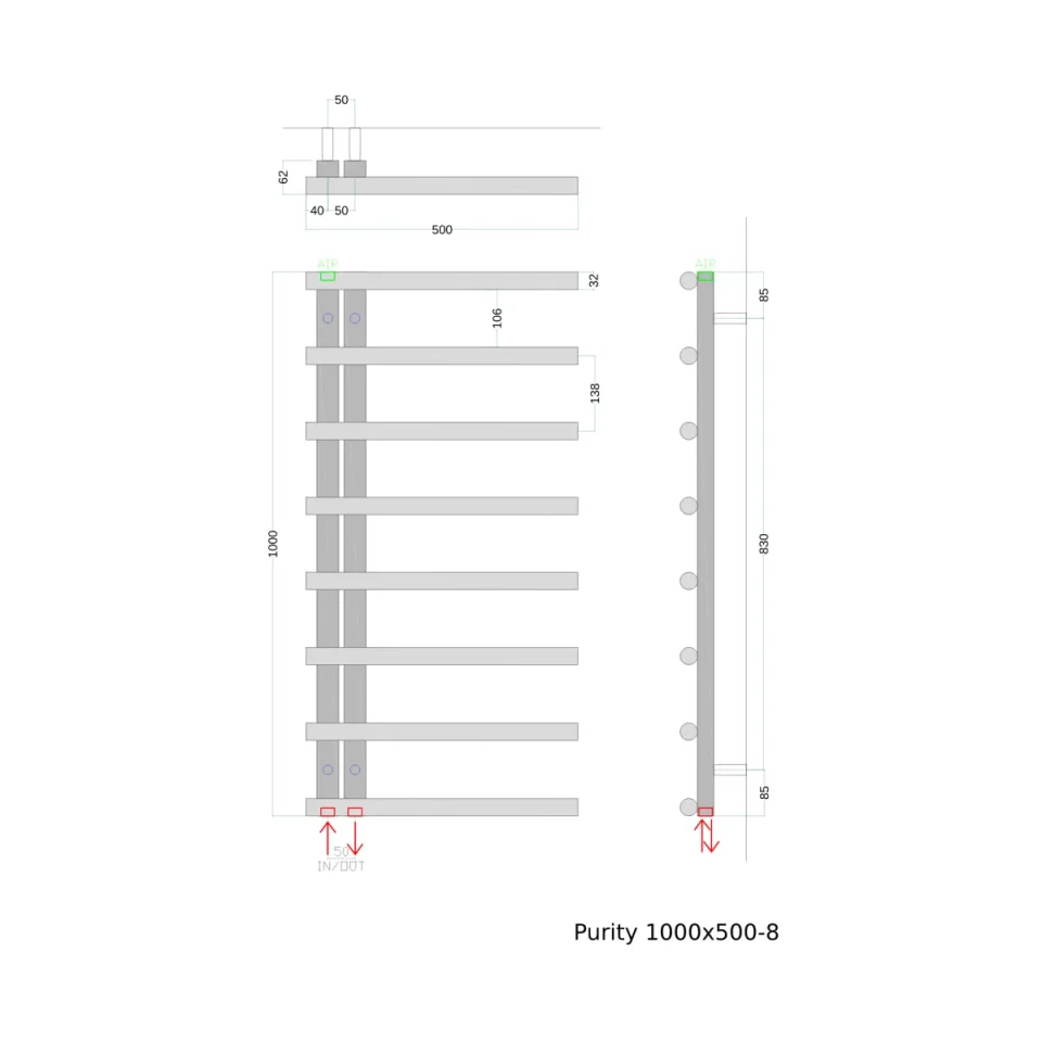 AVA Purity 1000 x 500mm Polished Stainless Steel Towel Rail technical drawing - Image 3
