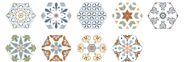 European Tiles Cuba Range Hex Cienfuegos Multicolour Patchwork 15x17cm Matt Porcelain Floor and Wall Tile product image - Image 1