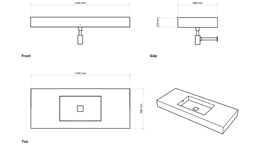 Faeber Silkstone Box 1200mm Single Central Matt Basin technical drawing - Image 2