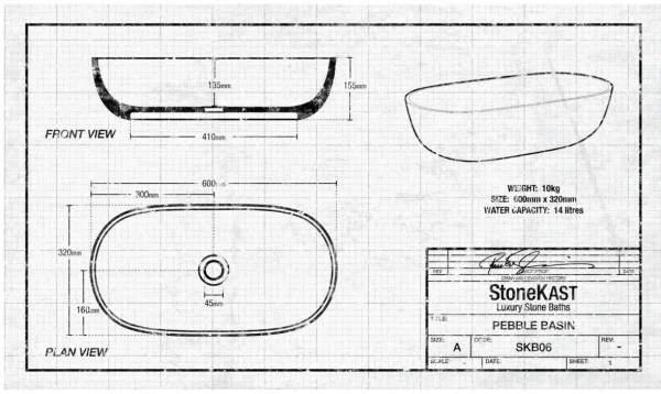 StoneKAST Pebble Sit On Basin Matt White 600x320mm technical drawing - Image 2