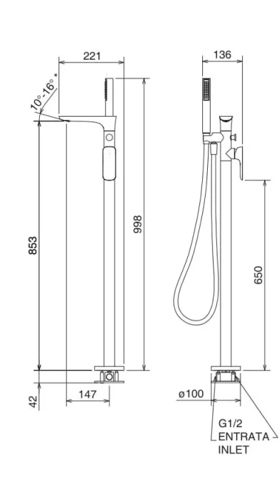 AVA Purity Floor Mounted Bath Shower Mixer Tap with Shower Kit Polished Chrome technical drawing - Image 2